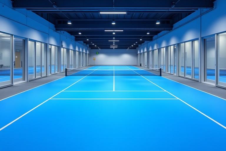 Indendørs padelbaner med glasvægge og blåt underlag.