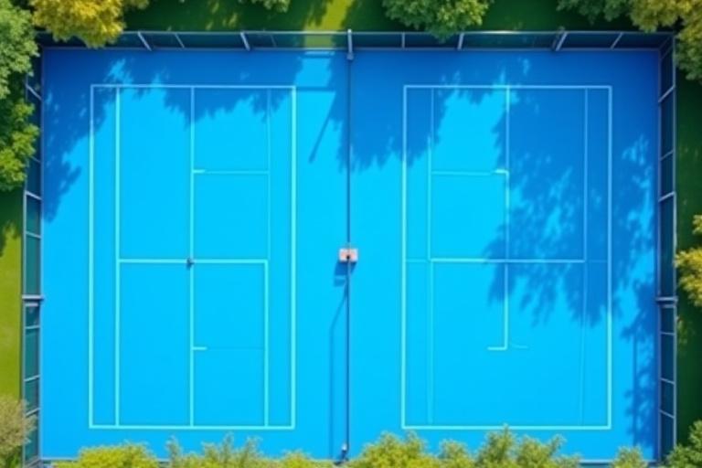 Fire nye blå tennisbaner på Herlev Tennisklub set fra luften.