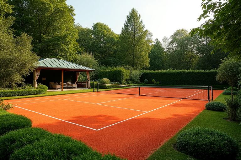 En smuk privat grusbane omgivet af en frodig have.